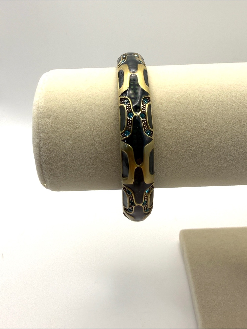 Brass Hinged Bangle with Green Enamel and Blue Rhinestones